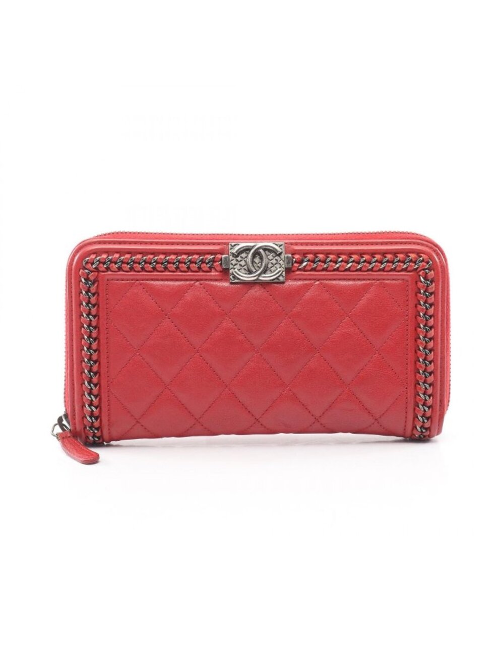 Chanel Round Wallet Boy Antique Silver Red Leather